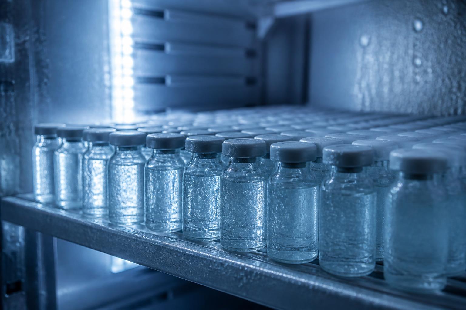 Rows of glass vials in controlled cold storage